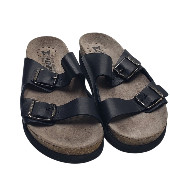 Mephisto Black Leather Two Strap Sandals Adjustable Buckles Cork Footbed Size 37 - Picture 1 of 16